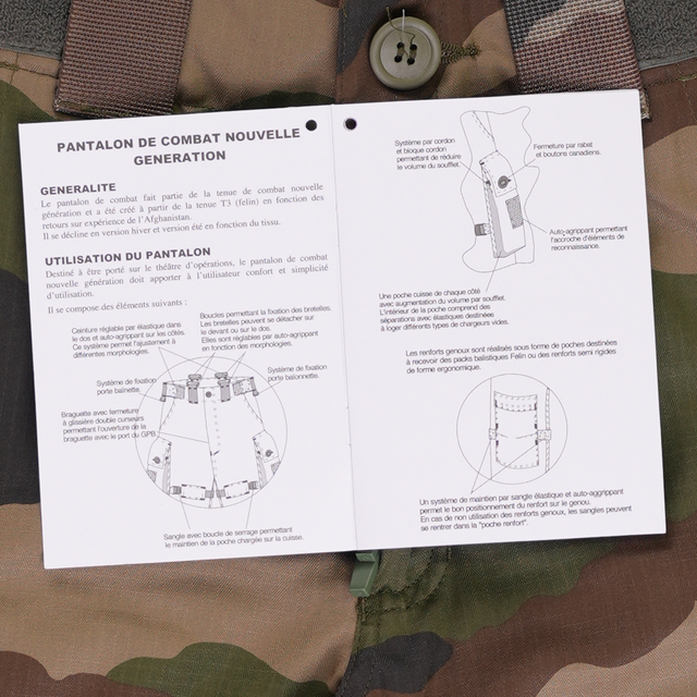 Close up of opened user manual for French Army Combat Pants