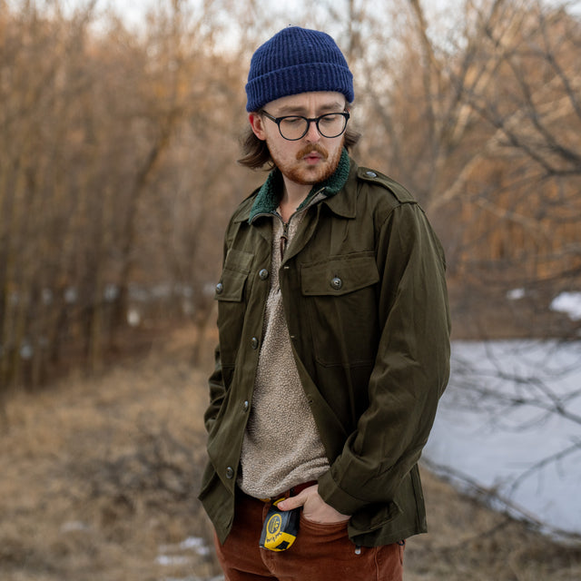 Man Wearing KAZ 75 Austrian Field Shirt. Vintage 1980s Military Surplus.