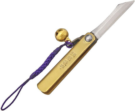 Gold Higonokami Japanese Folding Knife With Bell and Purple Leash