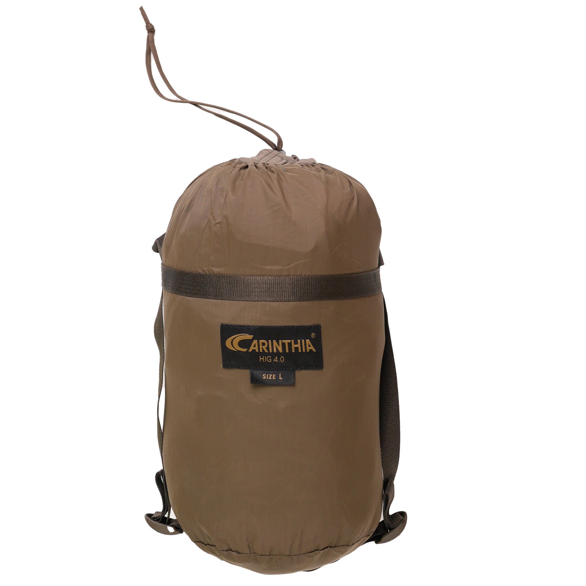 Brown drawstring bag with Carinthia logo on a white background