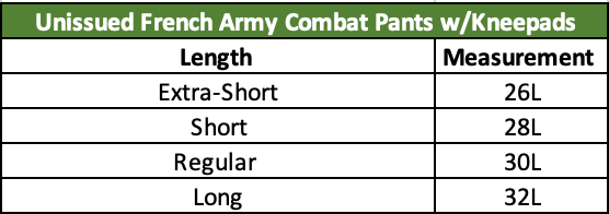 Measurement guide for French Army Combat Pants